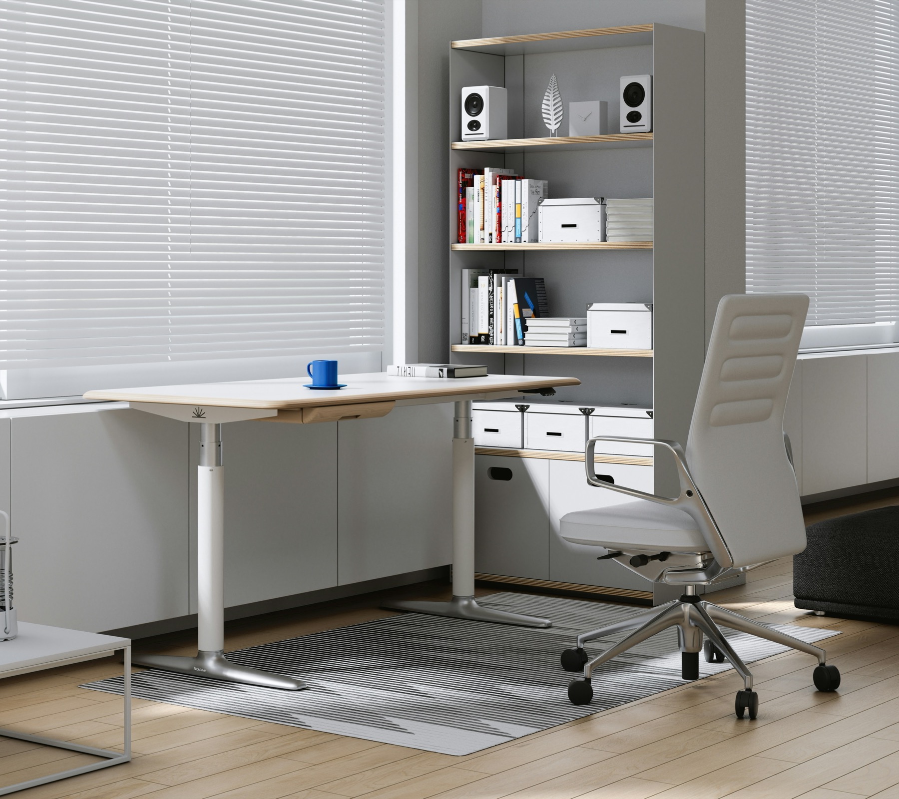 White venetian blinds in a modern, bright home office with standing desk and natural light
