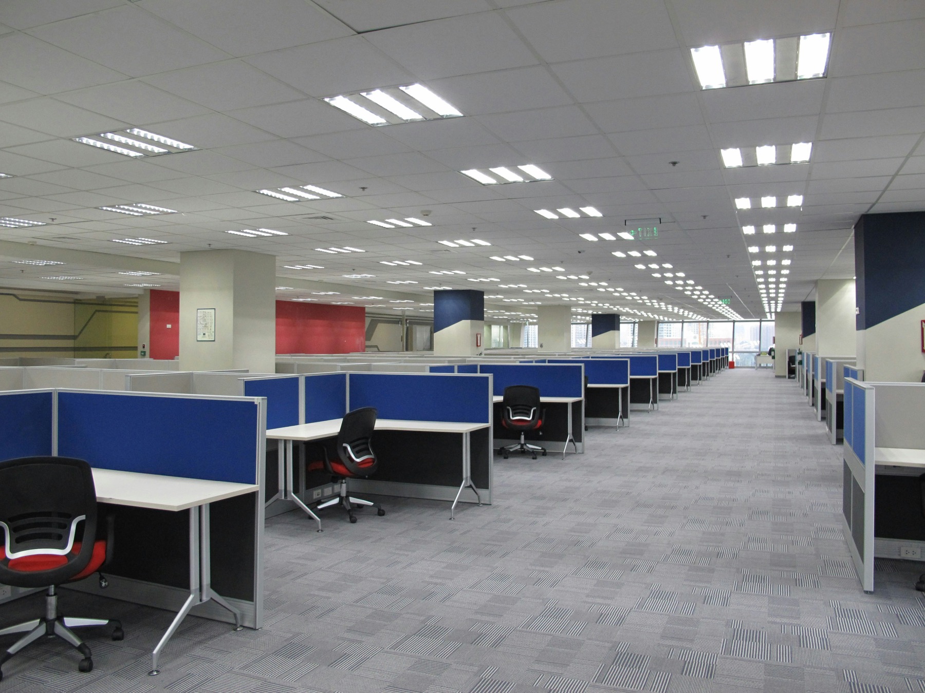 Freshly maintained office carpet in a bright, empty cubicle workspace